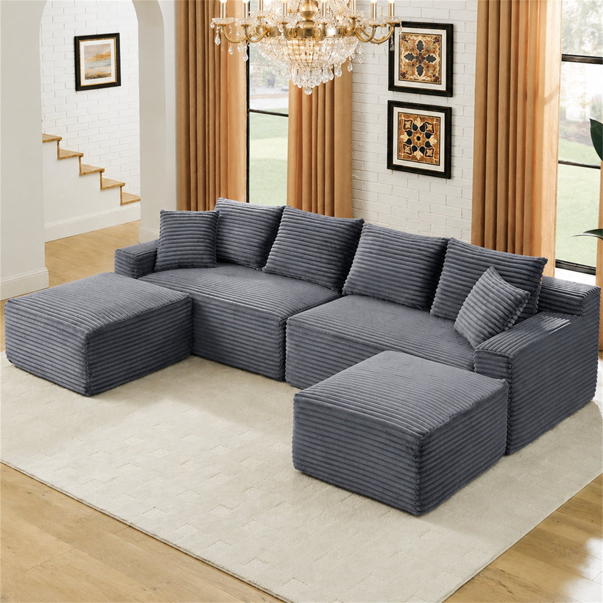 SOLIA 132" U-Shaped Cloud Modular Sectional Couch Corduroy with Double Chaise