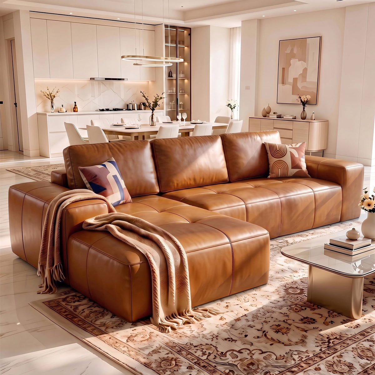 115" Leather Cloud Sectional Sofa Oversized Boneless Couch Modular L-Shaped Sofa for Living Room, Left Chaise, Brown