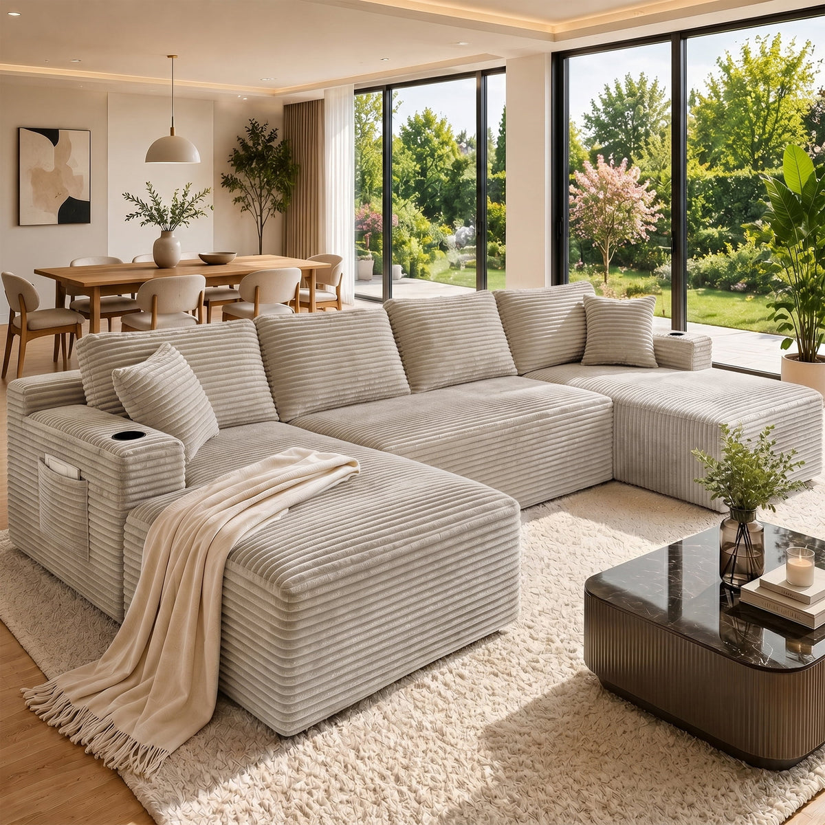 SOLIA 132" U-Shaped Cloud Modular Sectional Couch Corduroy with Double Chaise