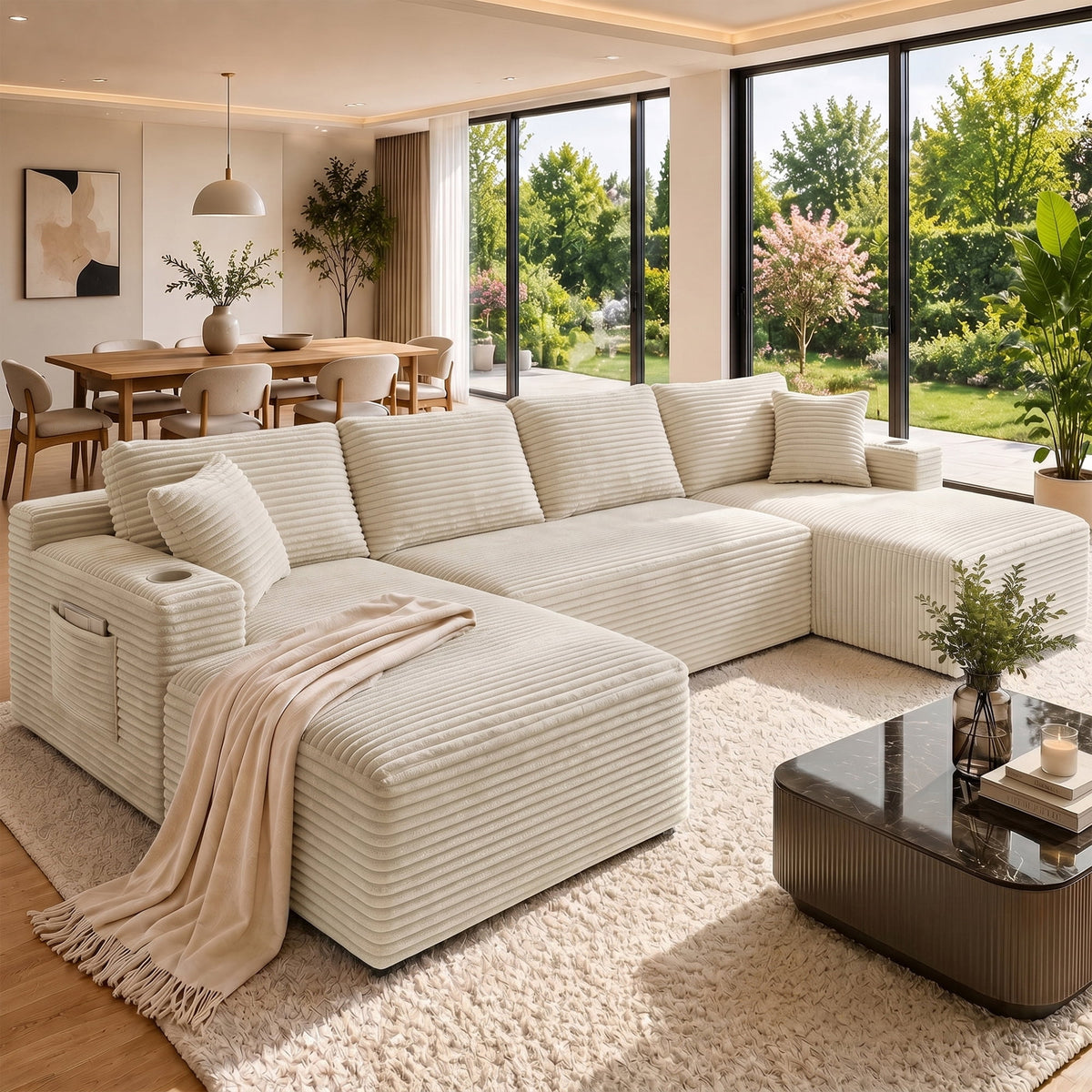 SOLIA 132" U-Shaped Cloud Modular Sectional Couch Corduroy with Double Chaise