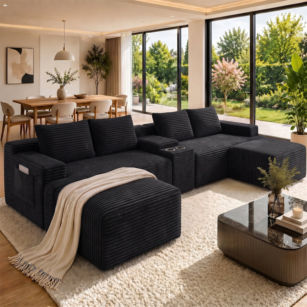 SOLIA 132" U-Shaped Cloud Modular Sectional Couch Corduroy with Double Chaise