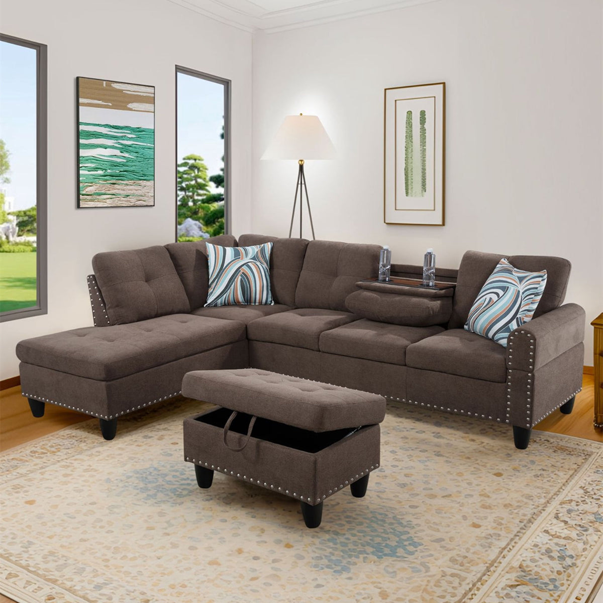 SOLIA 3-Seat Modular Sectional Sofa Couch Linen with Storage Ottoman & Cup Holders