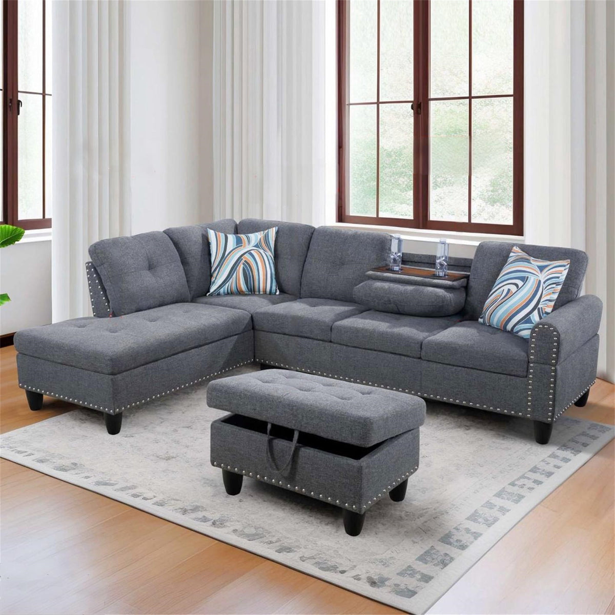 SOLIA 3-Seat Modular Sectional Sofa Couch Linen with Storage Ottoman & Cup Holders
