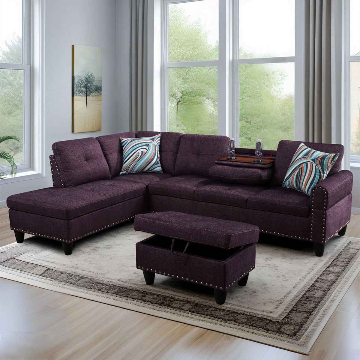  3 Piece Sectional Sofa, Living Room Couch with Storage Ottoman&Cup Holder, Linen, Left Hand, Purple
