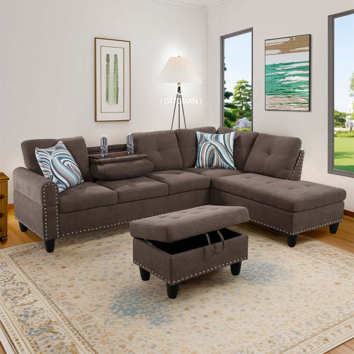 SOLIA 3-Seat Modular Sectional Sofa Couch Linen with Storage Ottoman & Cup Holders