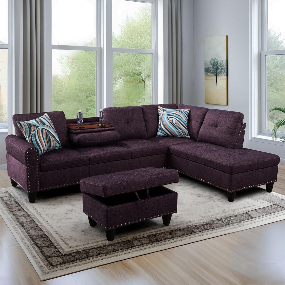 SOLIA 3-Seat Modular Sectional Sofa Couch Linen with Storage Ottoman & Cup Holders
