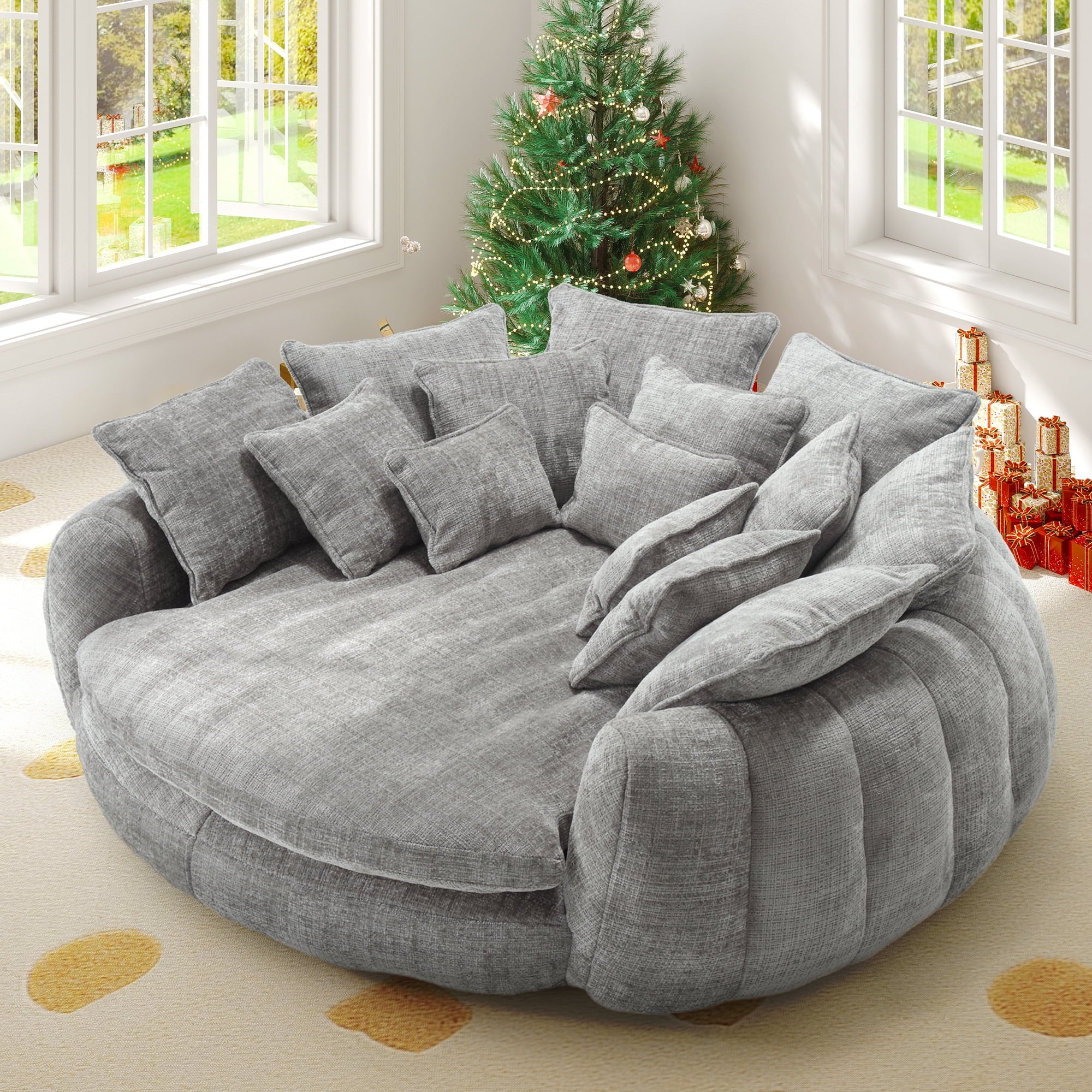  81" Oversized Round Chaise Lounge Sofa Bed, Modern Chenille Cloud Couch with Deep Seat, 14 Pillows, Assemble-Free, Light Gray