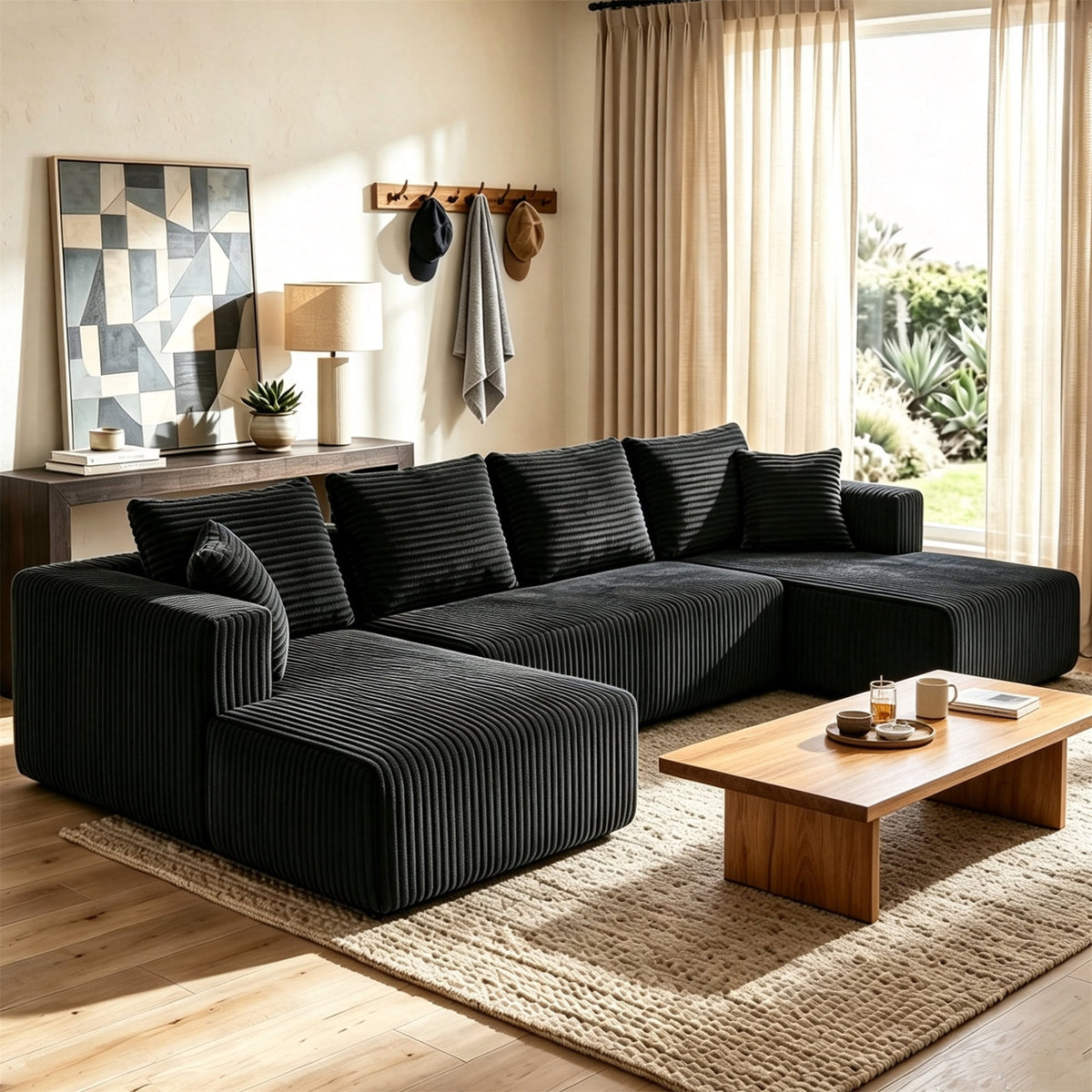  132" U Shape Cloud Sectional Sofa Oversized Modular Boneless Couch, Double Chaise Corduroy Sofa for Living Room, Dark Gray
