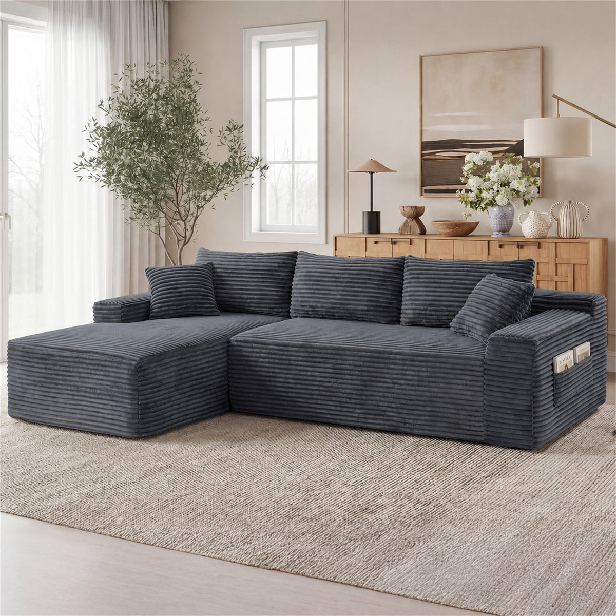SOLIA 115" L-Shaped Cloud Modular Sectional Couch Faux Leather with Chaise Lounge