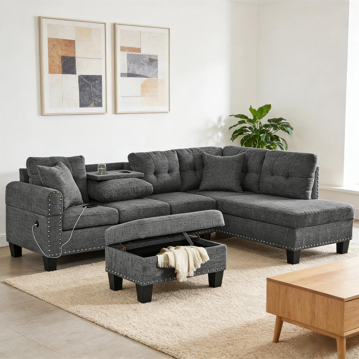 SOLIA 3-Seat Modular Sectional Sofa Couch Linen with Storage Ottoman & Cup Holders