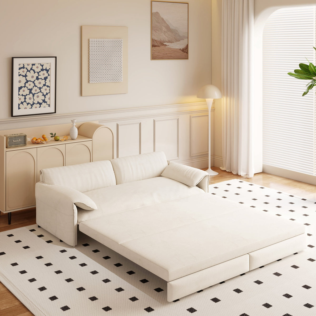  Queen Sleeper Sofa Bed, Convertible Loveseat Pull Out Sofa Couch with Pillow Arm/Side Pockets, Beige
