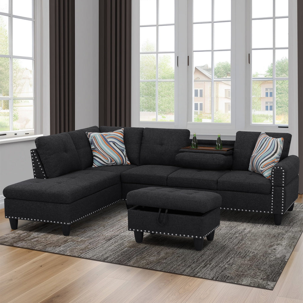 SOLIA 3-Seat Modular Sectional Sofa Couch Linen with Storage Ottoman & Cup Holders
