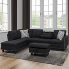 SOLIA 3-Seat Modular Sectional Sofa Couch Linen with Storage Ottoman & Cup Holders