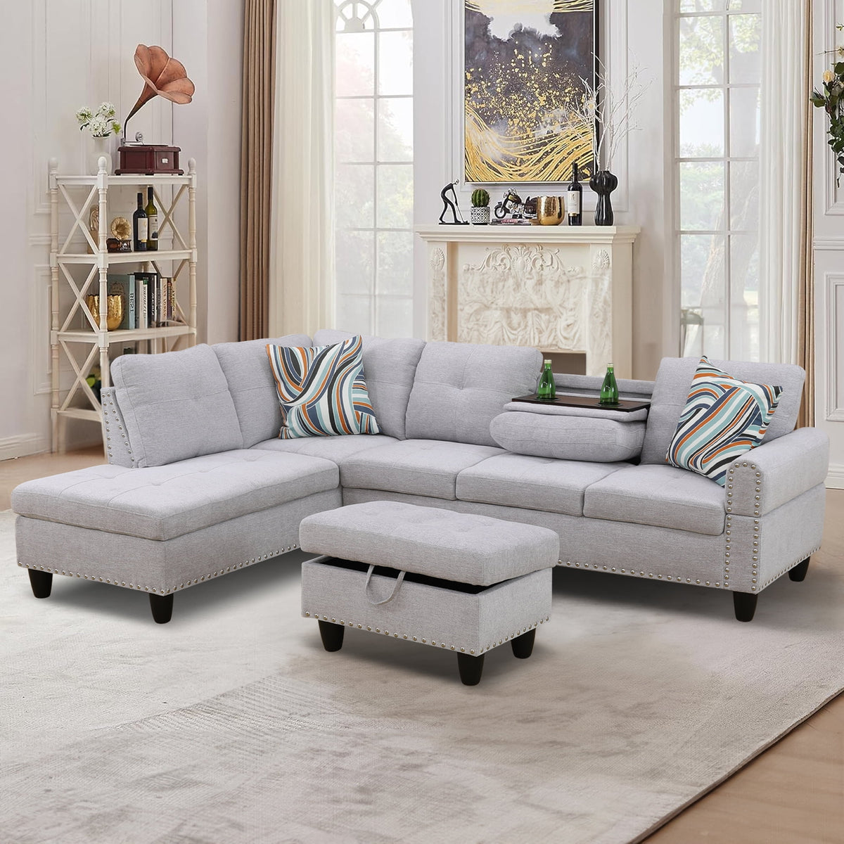 SOLIA 3-Seat Modular Sectional Sofa Couch Linen with Storage Ottoman & Cup Holders