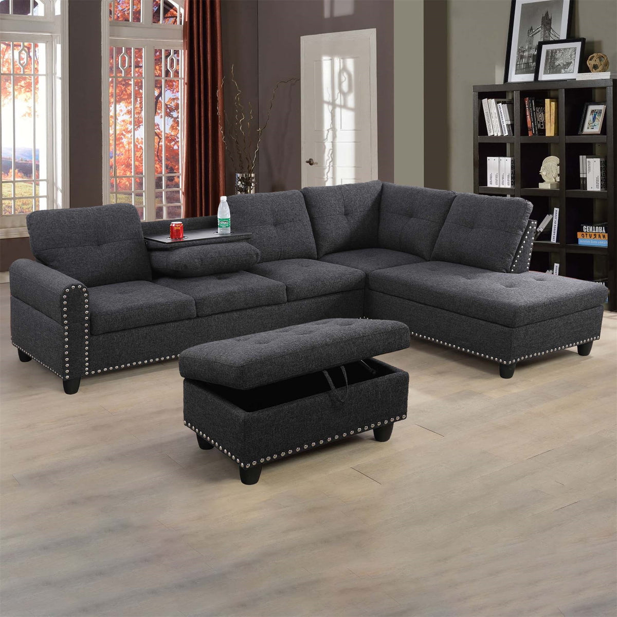 SOLIA 3-Seat Modular Sectional Sofa Couch Linen with Storage Ottoman & Cup Holders