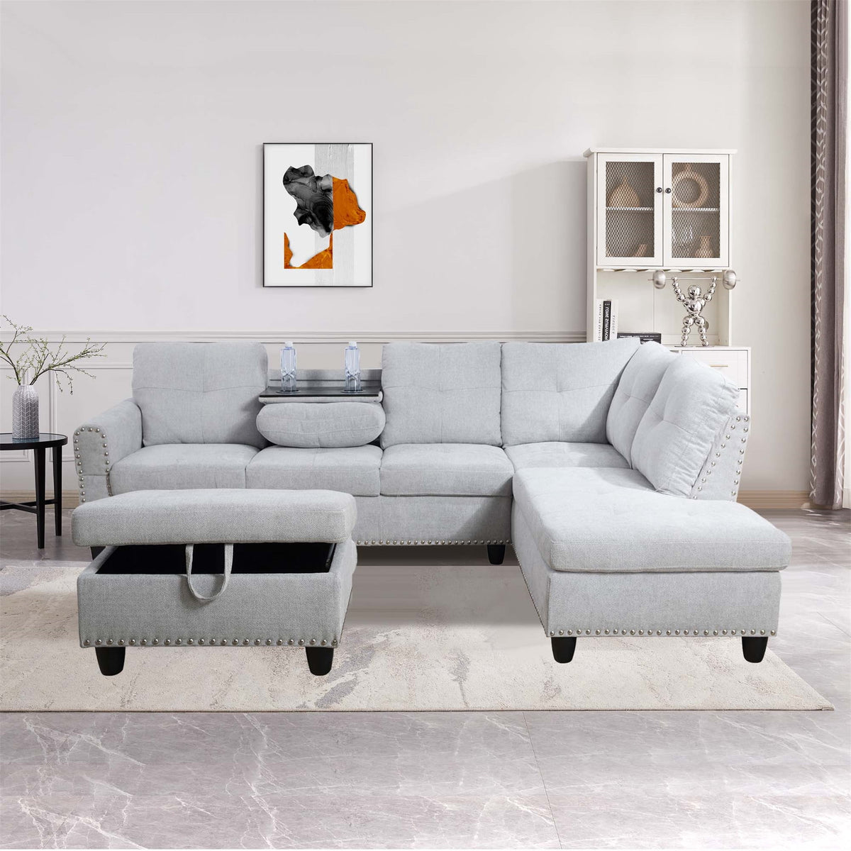 SOLIA 3-Seat Modular Sectional Sofa Couch Linen with Storage Ottoman & Cup Holders