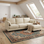  97-inch L-shaped Sofa, Upholstered Deep Seat Sofa with Cotton-Linen Brushed Fabric, Ottoman & Side pocket, 3-Seater Sofa for Living Room, Beige