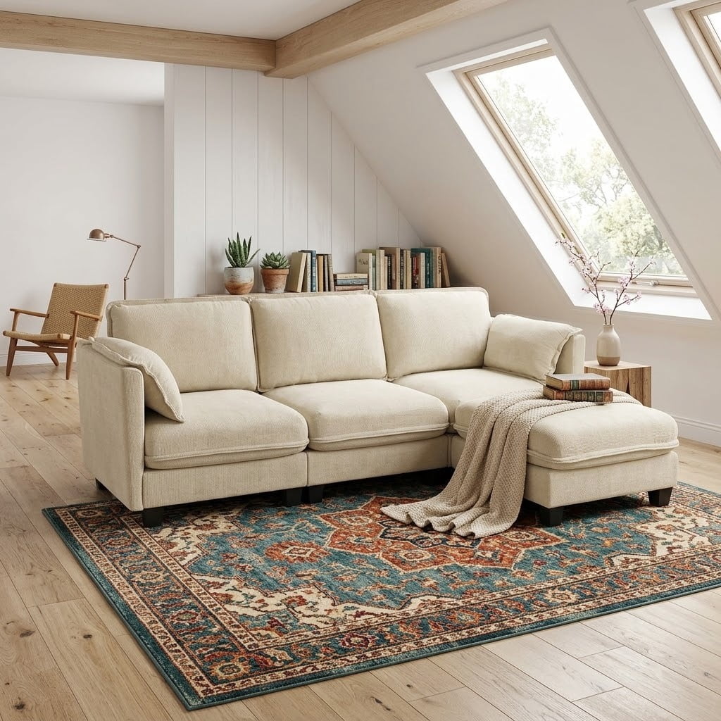  97-inch L-shaped Sofa, Upholstered Deep Seat Sofa with Cotton-Linen Brushed Fabric, Ottoman & Side pocket, 3-Seater Sofa for Living Room, Beige
