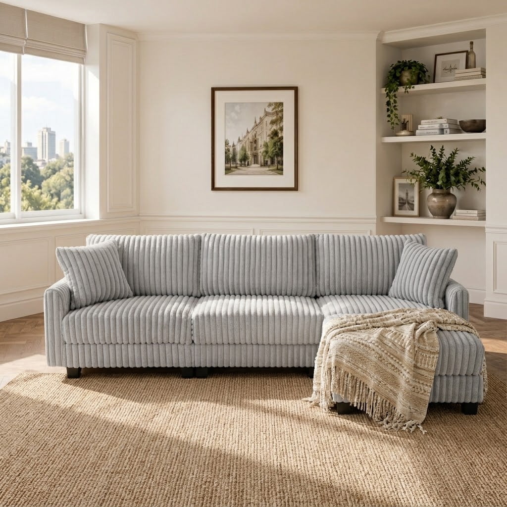 SOLIA 97" 3-Seat L-Shaped Cloud Modular Sectional Couch Linen with Movable Ottoman