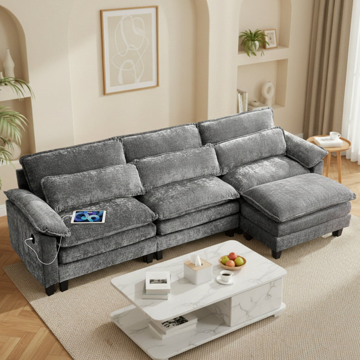 SOLIA 97" 3-Seat L-Shaped Cloud Modular Sectional Couch Linen with Movable Ottoman