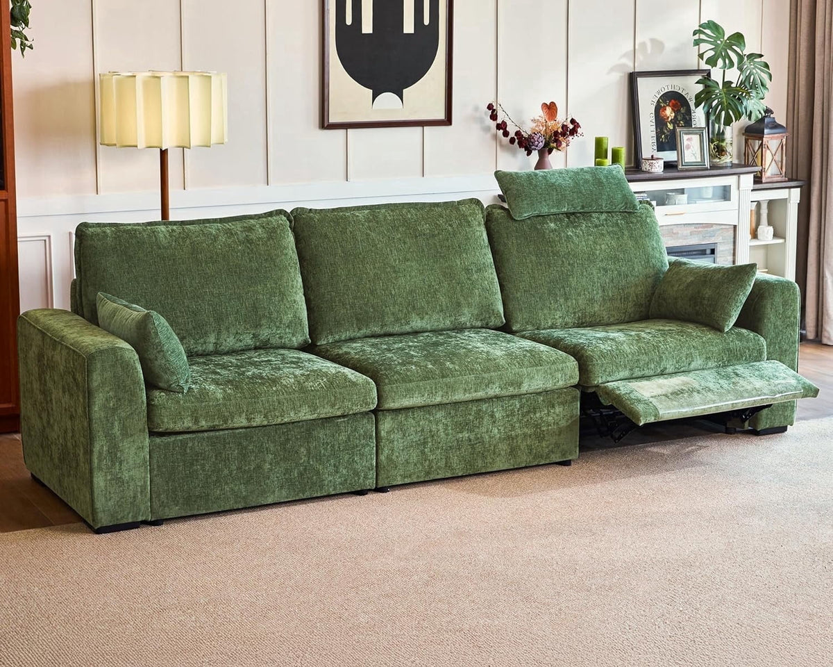 BEDEEP 125'' Power Recliner Sofa with Headrest, Modular Cloud Sectional Chenille Reclining Couch, Convertible 3-Seater Sofa Couch for Living Room RV, Green