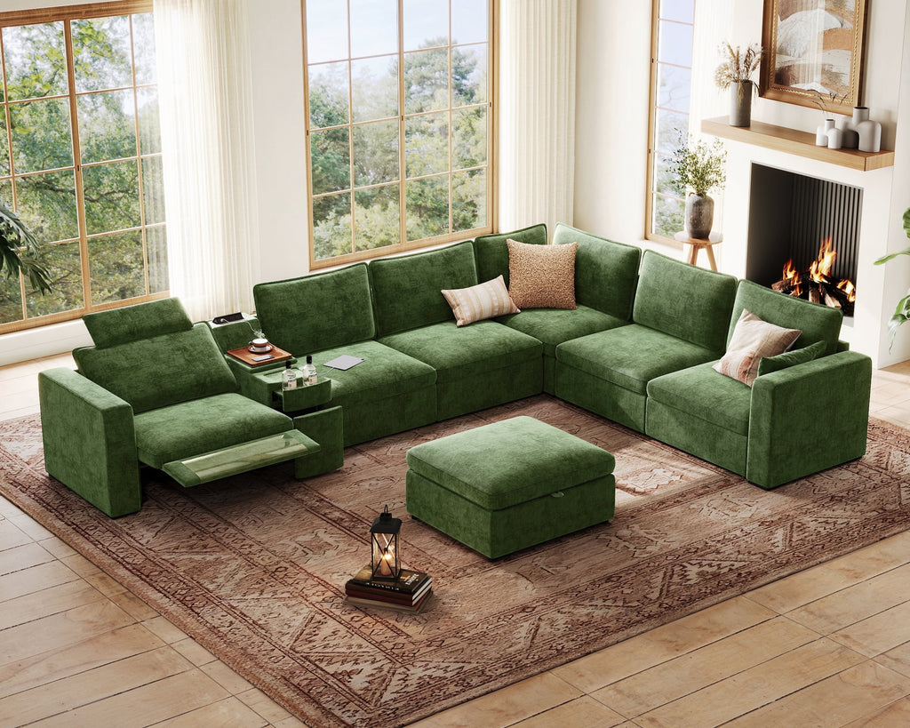 BEDEEP 169.7'' Power Recliner Sofa with Headrest Console, Modular Cloud Sectional Chenille Reclining Couch with Storage Ottoman Chaise, Convertible 7-Seater Sofa Couch for Living Room RV, Green