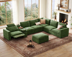BEDEEP 169.7'' Power Recliner Sofa with Headrest Console, Modular Cloud Sectional Chenille Reclining Couch with Storage Ottoman Chaise, Convertible 7-Seater Sofa Couch for Living Room RV, Green