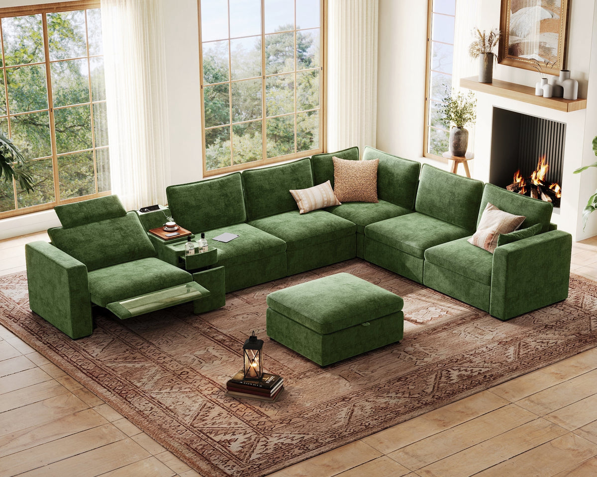 BEDEEP 169.7'' Power Recliner Sofa with Headrest Console, Modular Cloud Sectional Chenille Reclining Couch with Storage Ottoman Chaise, Convertible 7-Seater Sofa Couch for Living Room RV, Green