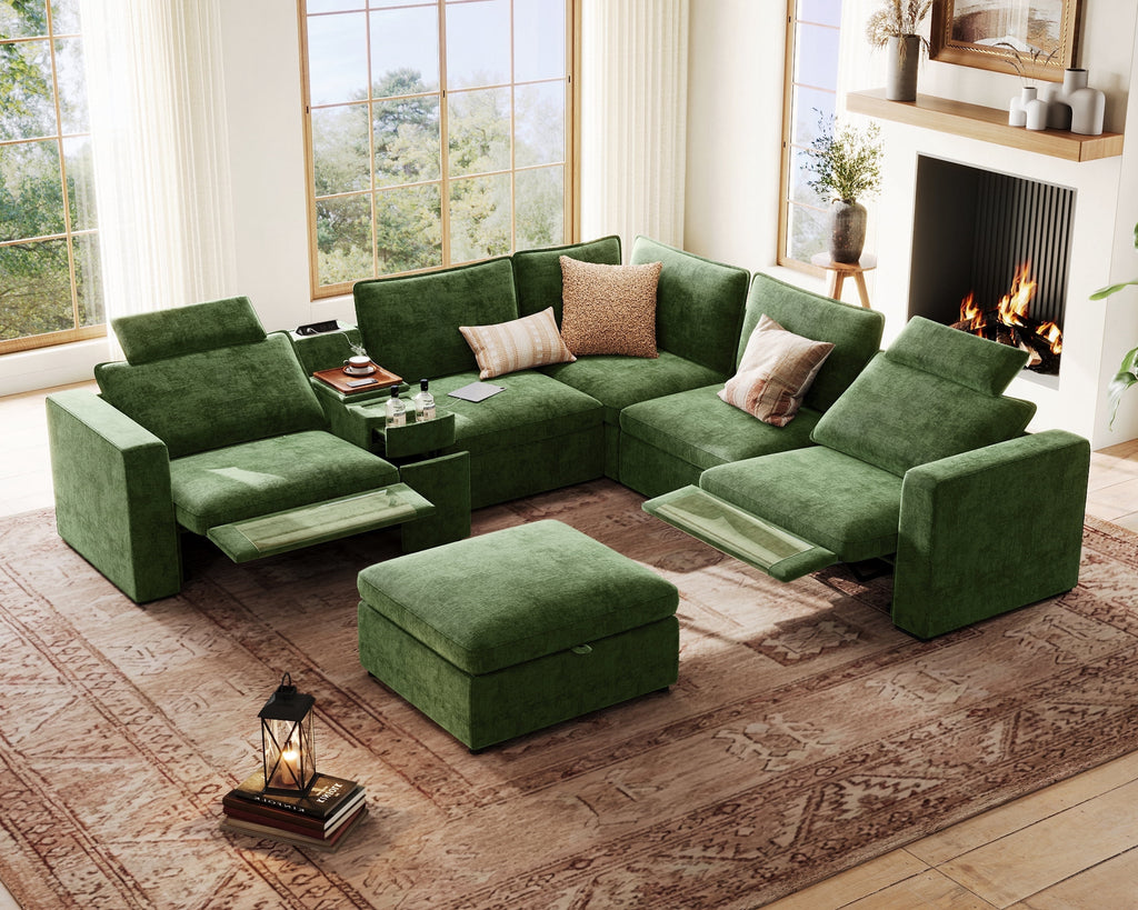 BEDEEP 133.9'' Power Recliner Sofa with Headrest Console, Modular Cloud Sectional Chenille Reclining Couch with Storage Ottoman Chaise, Convertible 6-Seater Sofa Couch for Living Room RV, Green