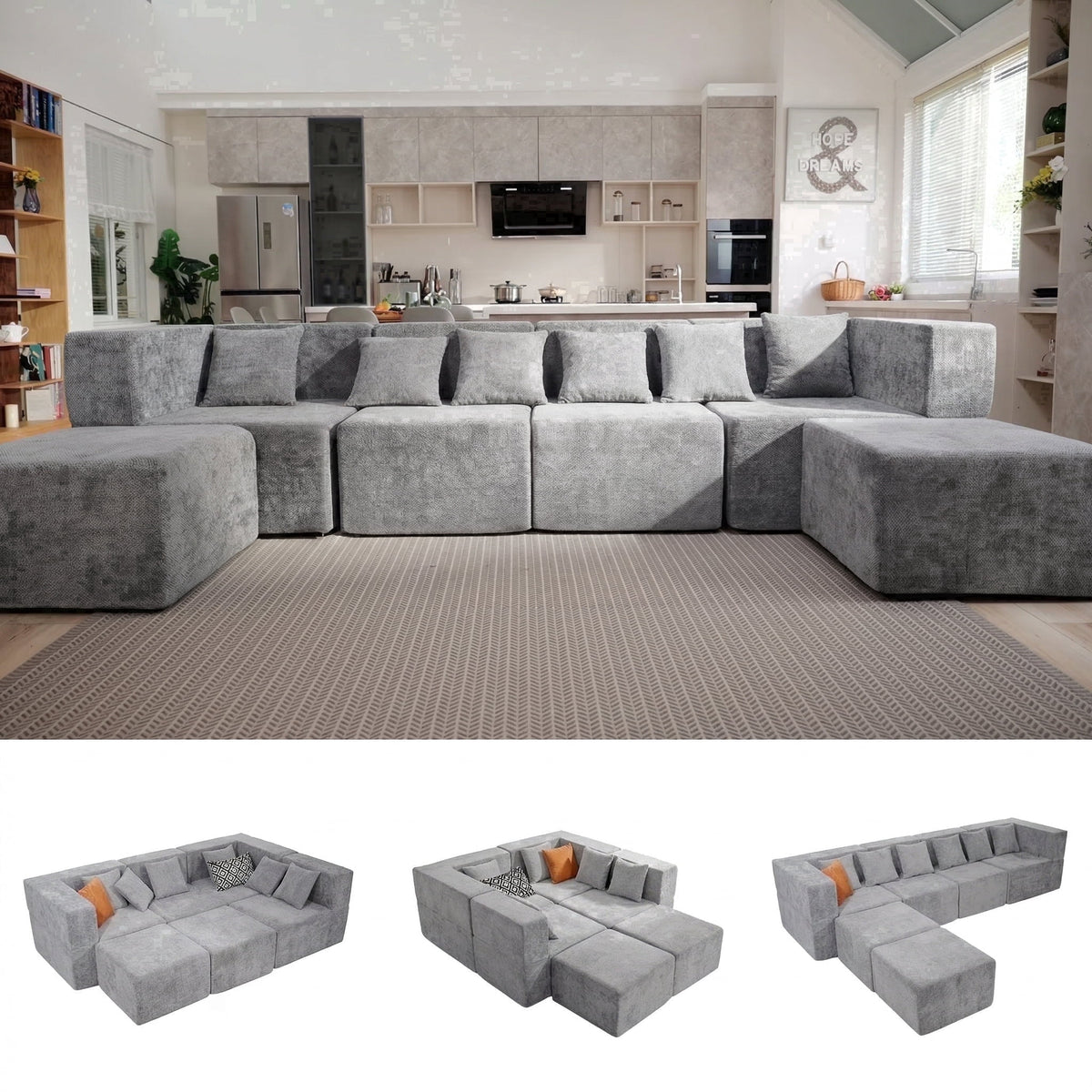SOLIA 130" 6-Seat U-Shaped Sleeper Sectional Sofa Bed Chenille with Movable Ottoman