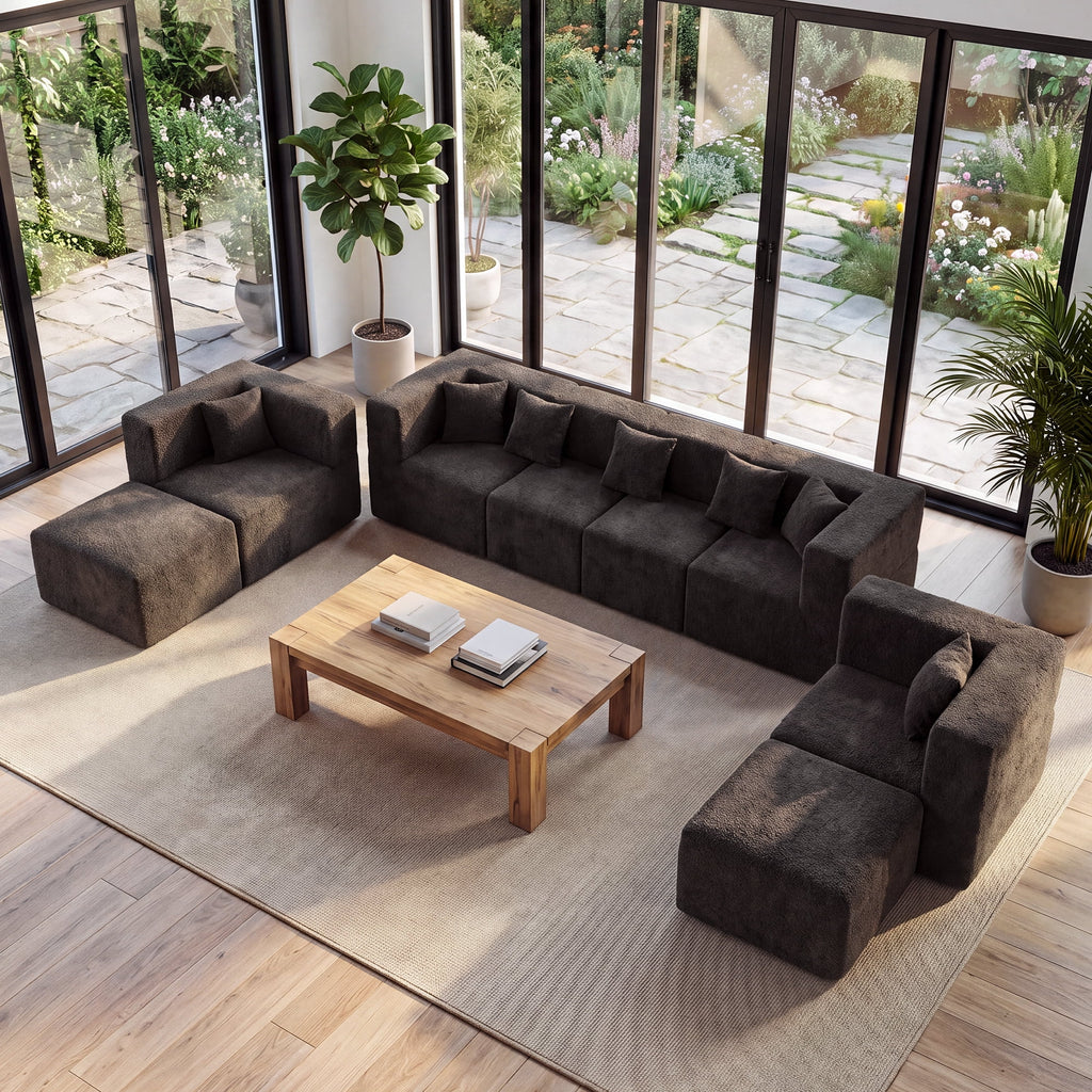  130" 8-Piece Modular Sectional Sofa with Ottomans, U-Shaped Pit Couch for Living Room, Modern Teddy Fabric Cloud Couch Set, Large Sleeper Sofa with Deep Seats, Coffee Brown