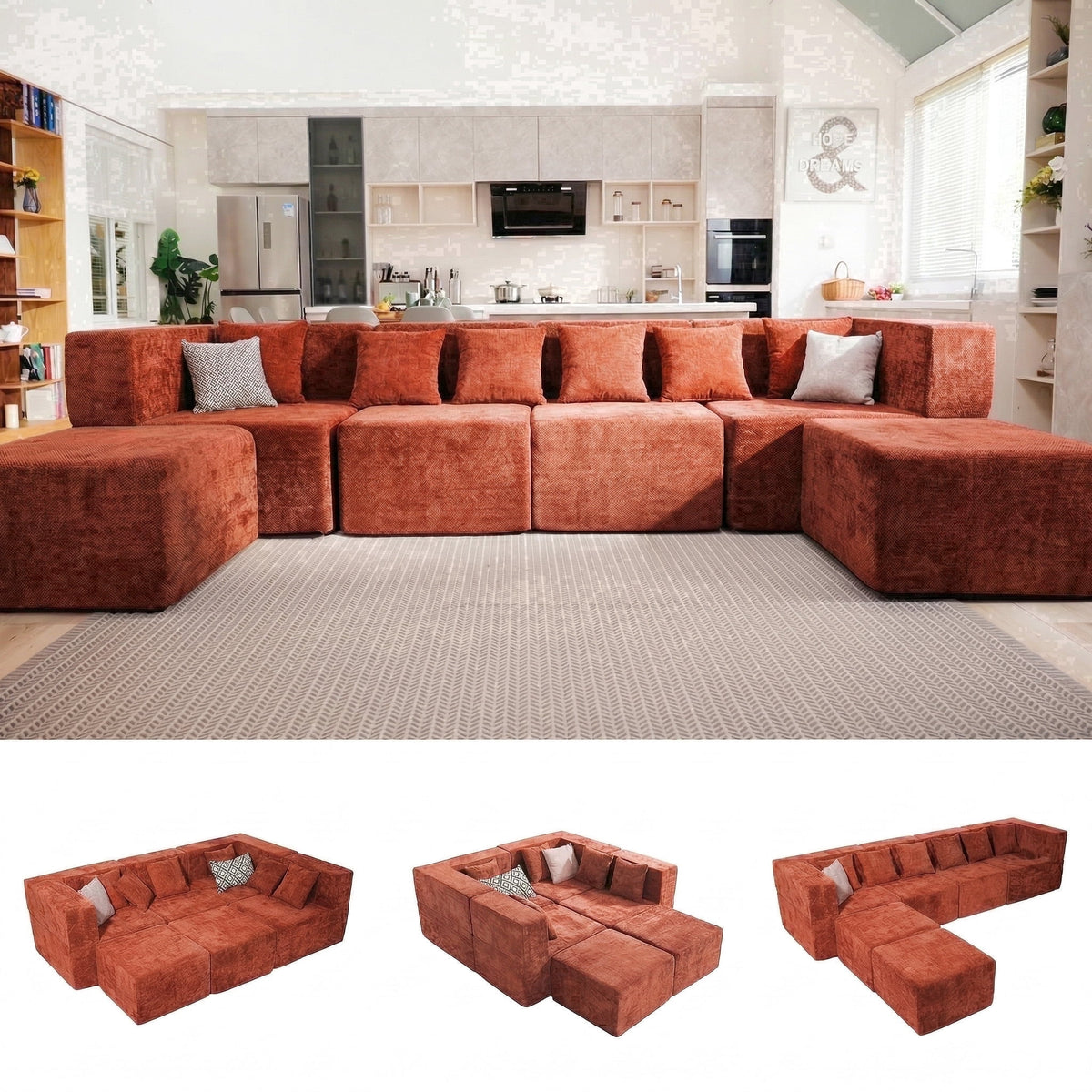 SOLIA 130" 6-Seat U-Shaped Sleeper Sectional Sofa Bed Chenille with Movable Ottoman