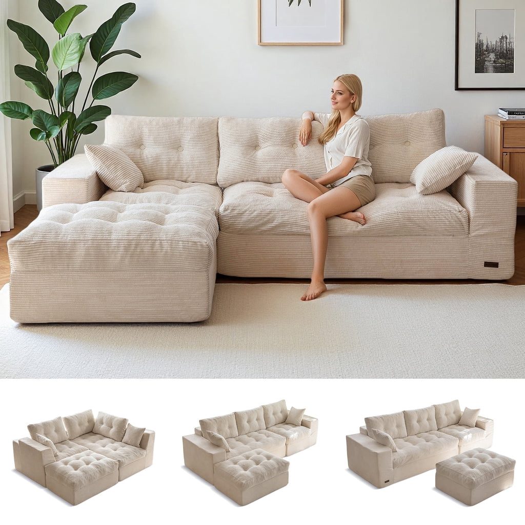 BYBYME 104"Oversized L-Shaped Sectional Sofa Cloud Boneless Modular Couch,Upholstered Sofa with Convertible Left/Right Ottoman for Living Room Bedroom,No Assembly,Beige