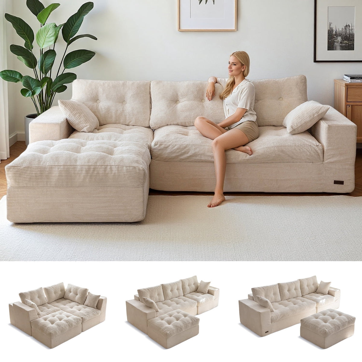 BYBYME 104"Oversized L-Shaped Sectional Sofa Cloud Boneless Modular Couch,Upholstered Sofa with Convertible Left/Right Ottoman for Living Room Bedroom,No Assembly,Beige
