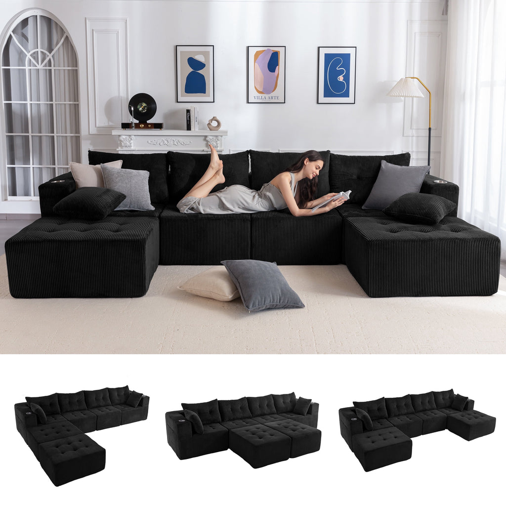 BYBYME Cloud Sectional Couch with U-Shape Chaise Modern Comfy Modular Corduroy Sofa for Living Room,Tufted 6-Seat Sleeper Chair with 2 Ottoman,Sofa in A Box,No Assembly Required,Black