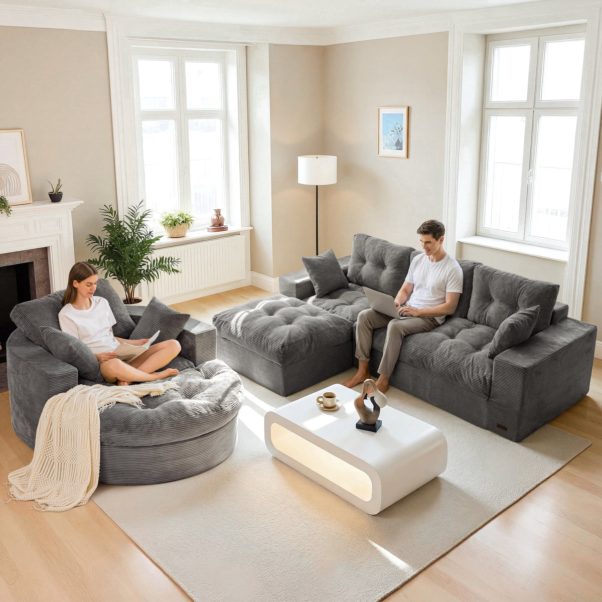 BYBYME Sofa Couch and Round Chaise Lounge,L Shaped Cloud-Plush Corduroy Boneless Floor Sofa Bed,Tufted Upholstered Sleeper Chair for Living Room,Dark Grey