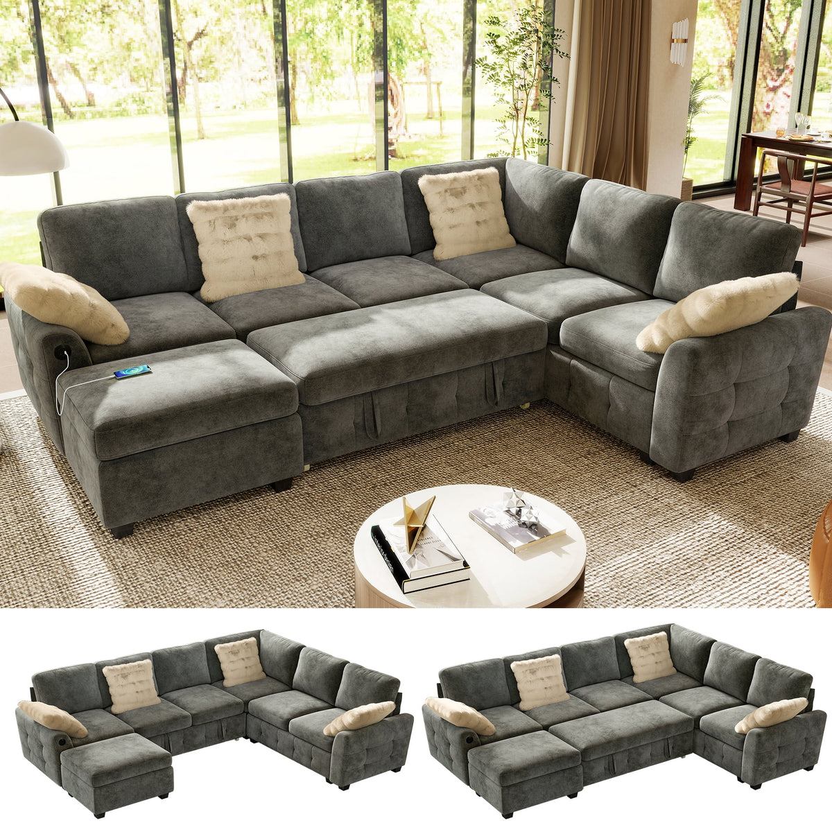 SOLIA 81" L-Shaped Sleeper Sectional Sofa Bed Corduroy with Storage Ottoman & USB Charging