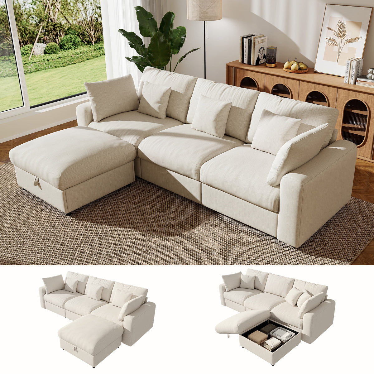  110" Large Modular Sectional Cloud Sofa with Removable Storage Ottoman, Extra Deep Seat Couch, Living Room Furniture, Chenille Beige
