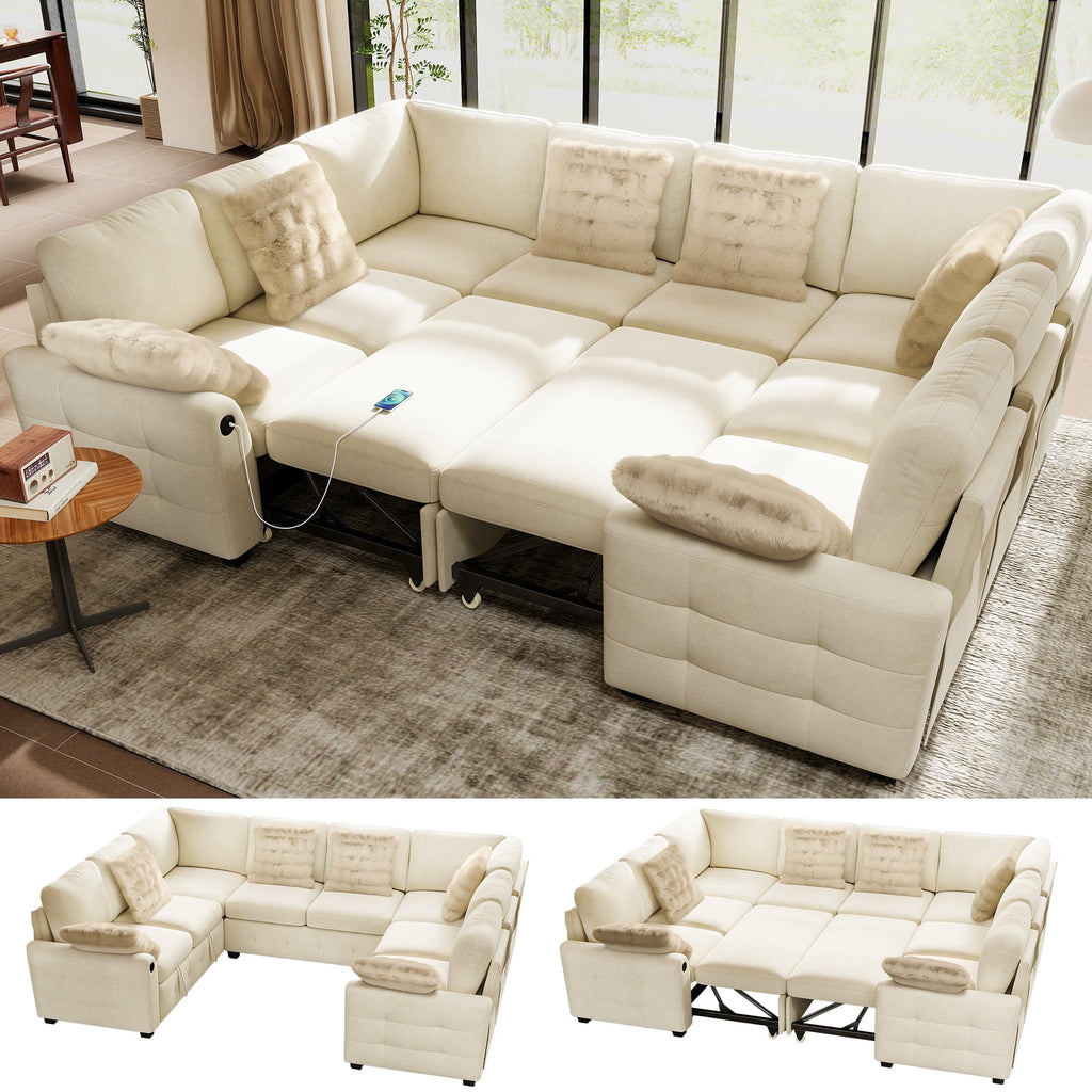 SOLIA 81" L-Shaped Sleeper Sectional Sofa Bed Corduroy with Storage Ottoman & USB Charging