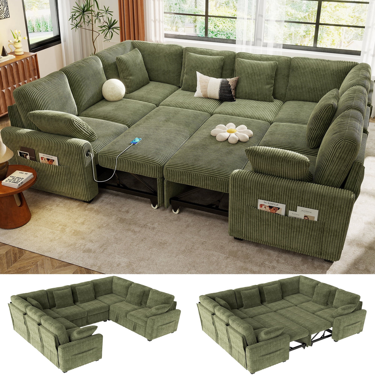 SOLIA 81" L-Shaped Sleeper Sectional Sofa Bed Corduroy with Storage Ottoman & USB Charging