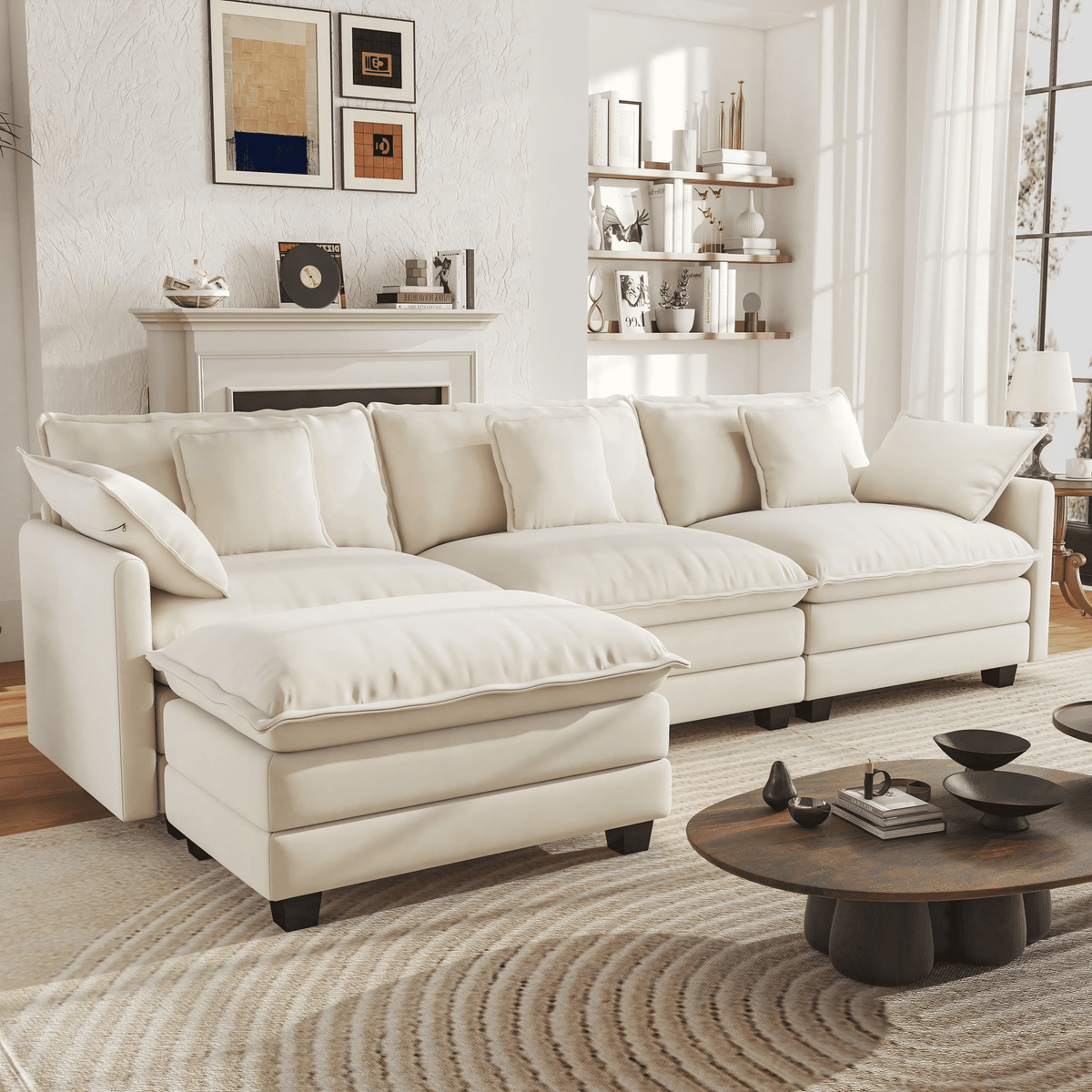  111.5'' Modular Sectional Sofa with Movable Ottoman, L Shaped Cloud Couch for Living Room, 3-Seat, Beige