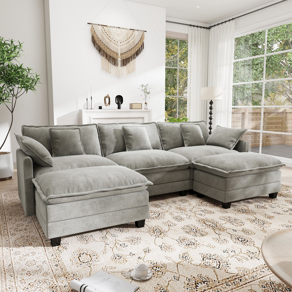  111.5'' Modular Sectional Sofa with Movable Ottomans, U Shaped Cloud Couch for Living Room, 3-Seat, Grey
