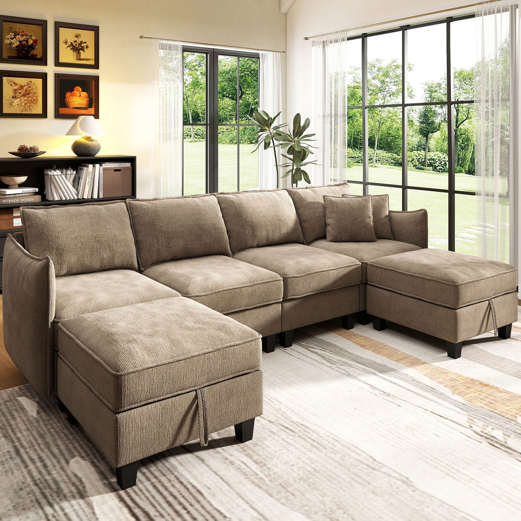  112" Modular Sectional Sofa with 2 Moveable Storage Ottoman, Cloud Couch Seats 6, Modern Living Room Furniture, Chenille Brown