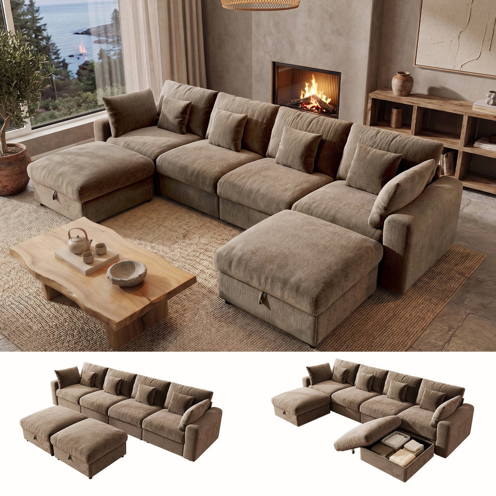  140" Large Modular Sectional Sofa with 2 Removable Storage Ottomans, Extra Deep Seat Cloud Couch for Living Room, Chenille Brown
