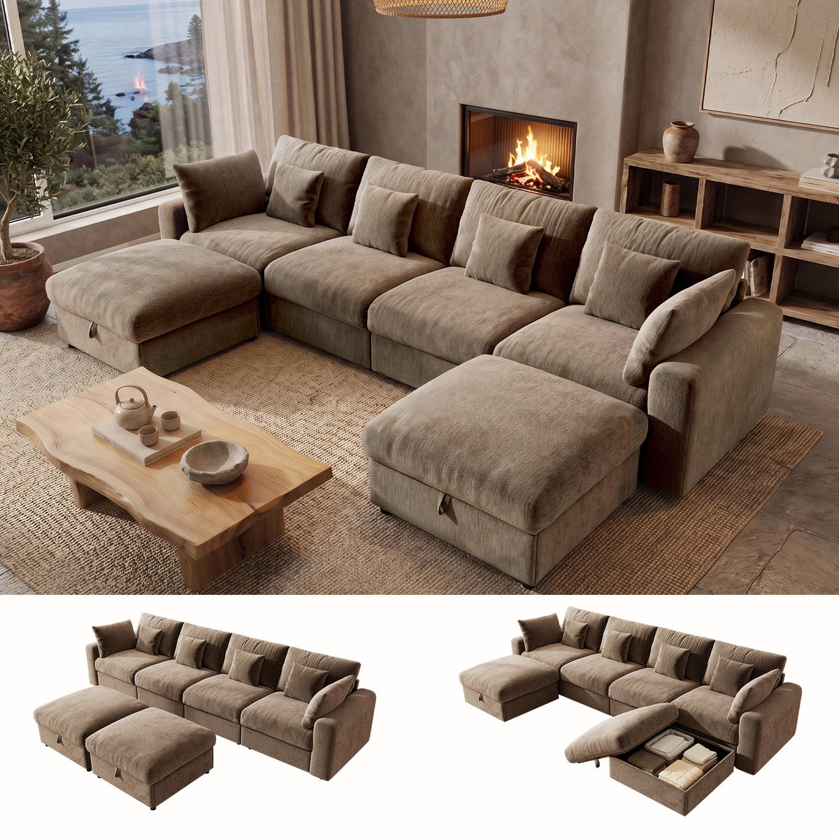  140" Large Modular Sectional Sofa with 2 Removable Storage Ottomans, Extra Deep Seat Cloud Couch for Living Room, Chenille Brown