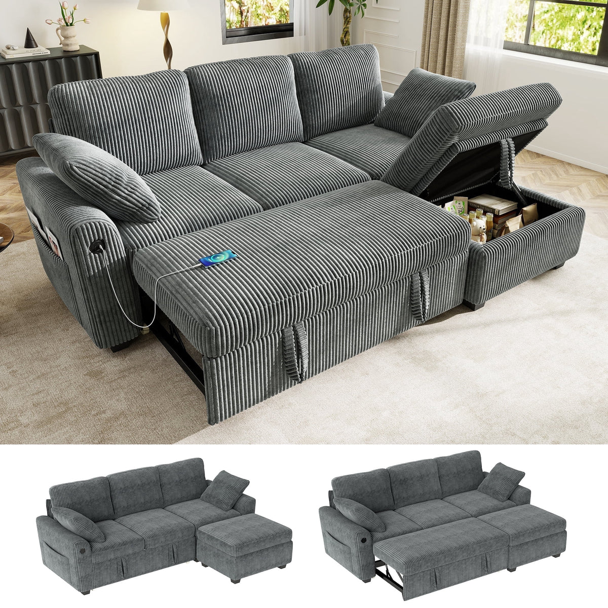 81" Sectional Sleeper Sofa With Pull Out Bed, Storage Ottoman & USB Charging, L Shape Modern Couch for Living Room, Corduroy Gray