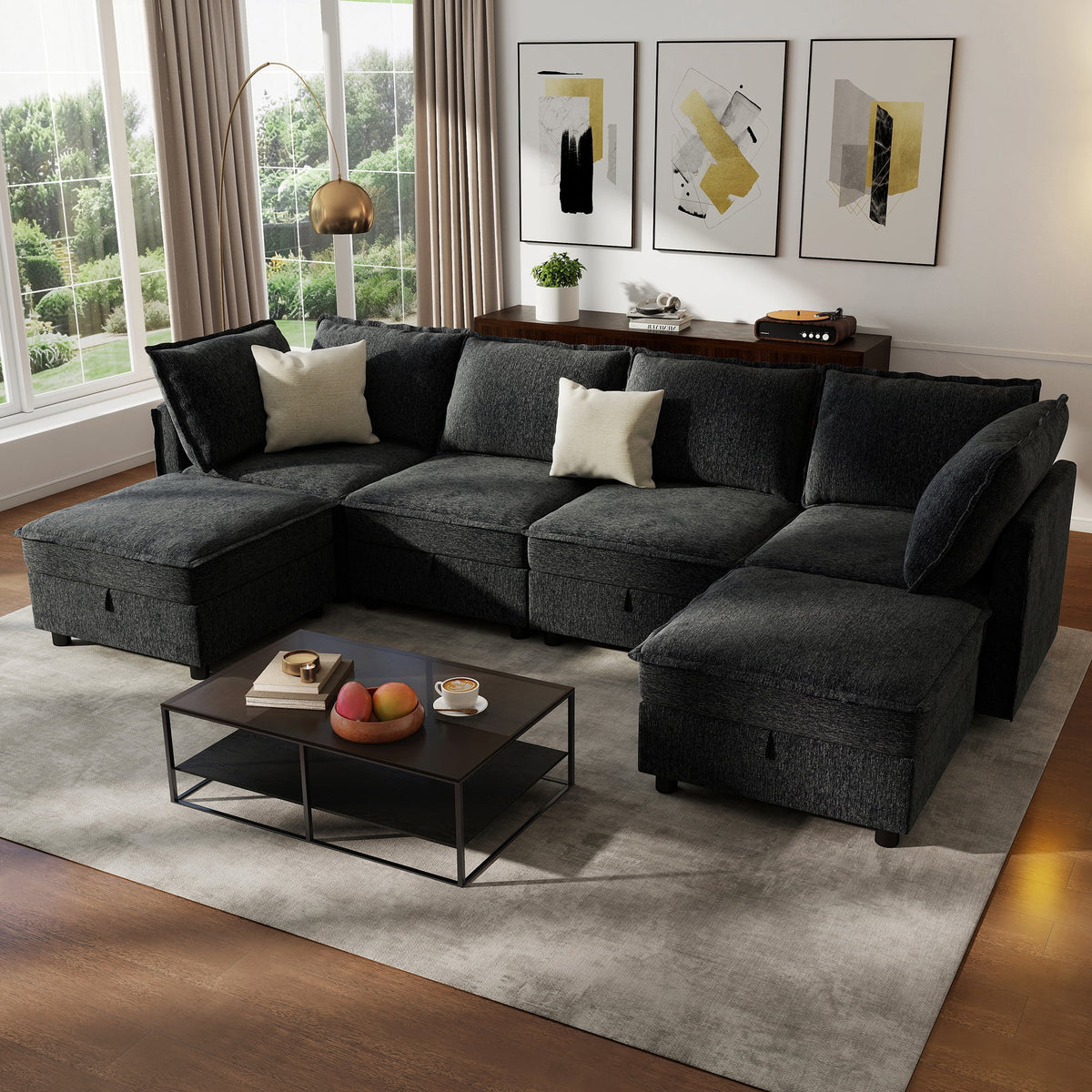  126" Modular Sectional Sofa with Storage, U-Shaped Modern Sleeper Sofa Couch with Movable Ottomans for Living Room, Office, Dark Gray
