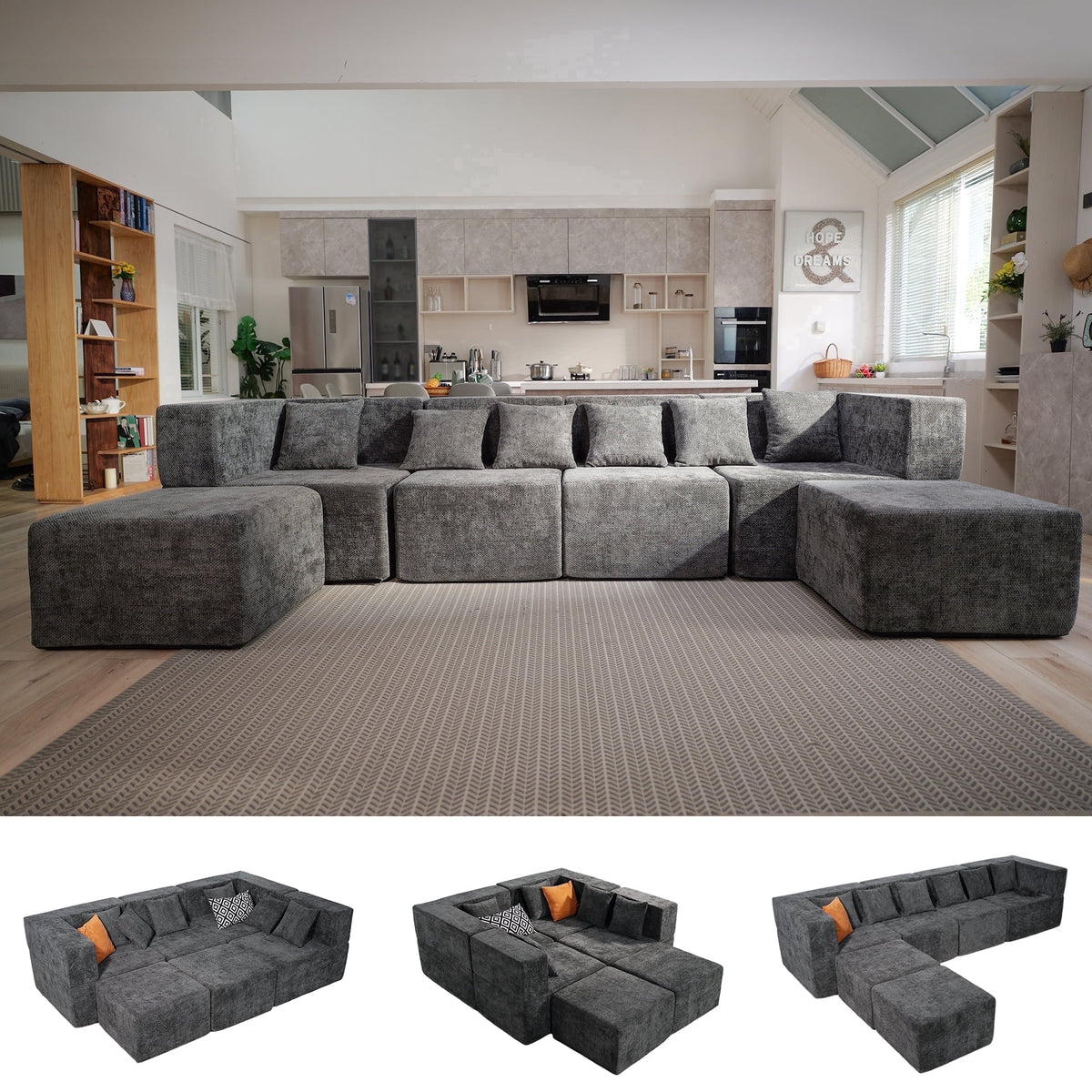 SOLIA 130" 6-Seat U-Shaped Sleeper Sectional Sofa Bed Chenille with Movable Ottoman