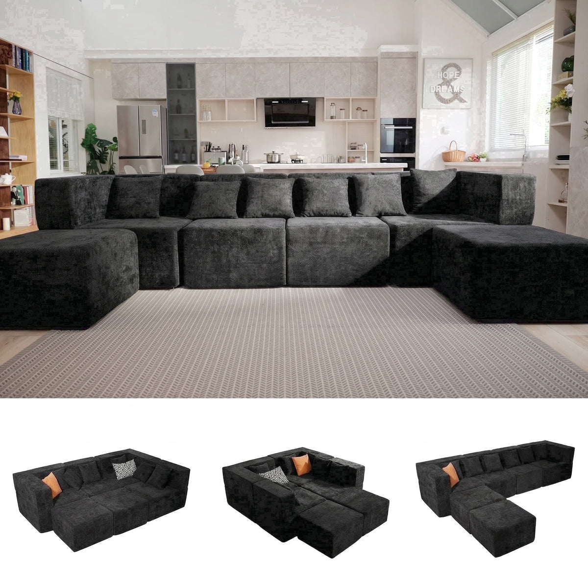  130" 6-Piece Modular Sectional Sofa with 2 Movable Ottomans, U-Shaped Cloud Couch for Living Room, Modern Chenille Deep Seat Sofa Set, Flexible Oversized Sleeper Couches, Black
