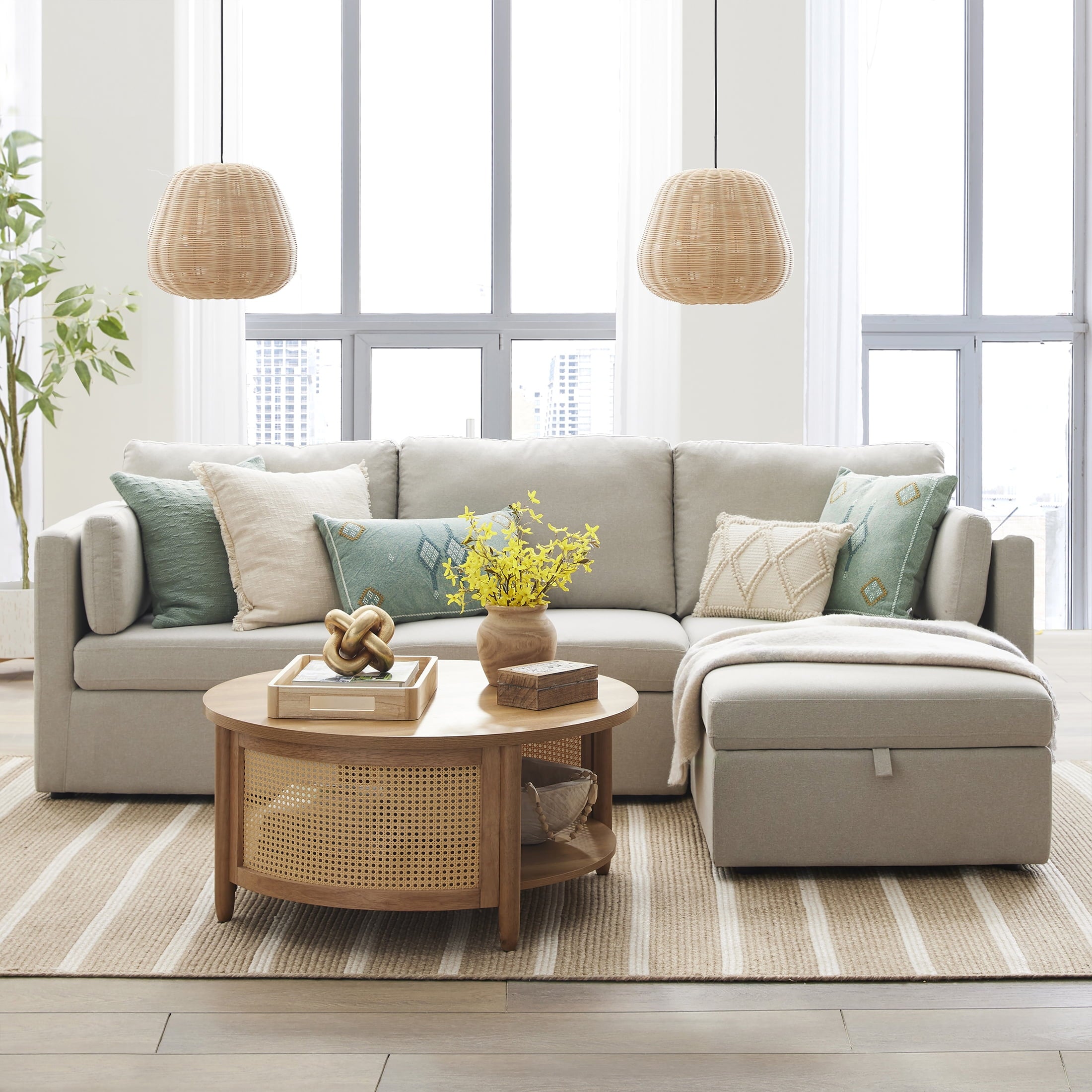 100'' Modular Sectional Sofa with Storage Ottoman, White Linen